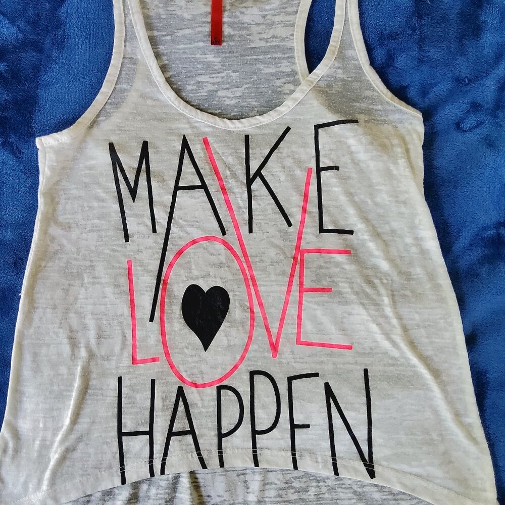 Y2K Graphic Tank Top Make Love Happen Burnout Gray Scoop Neck High Low